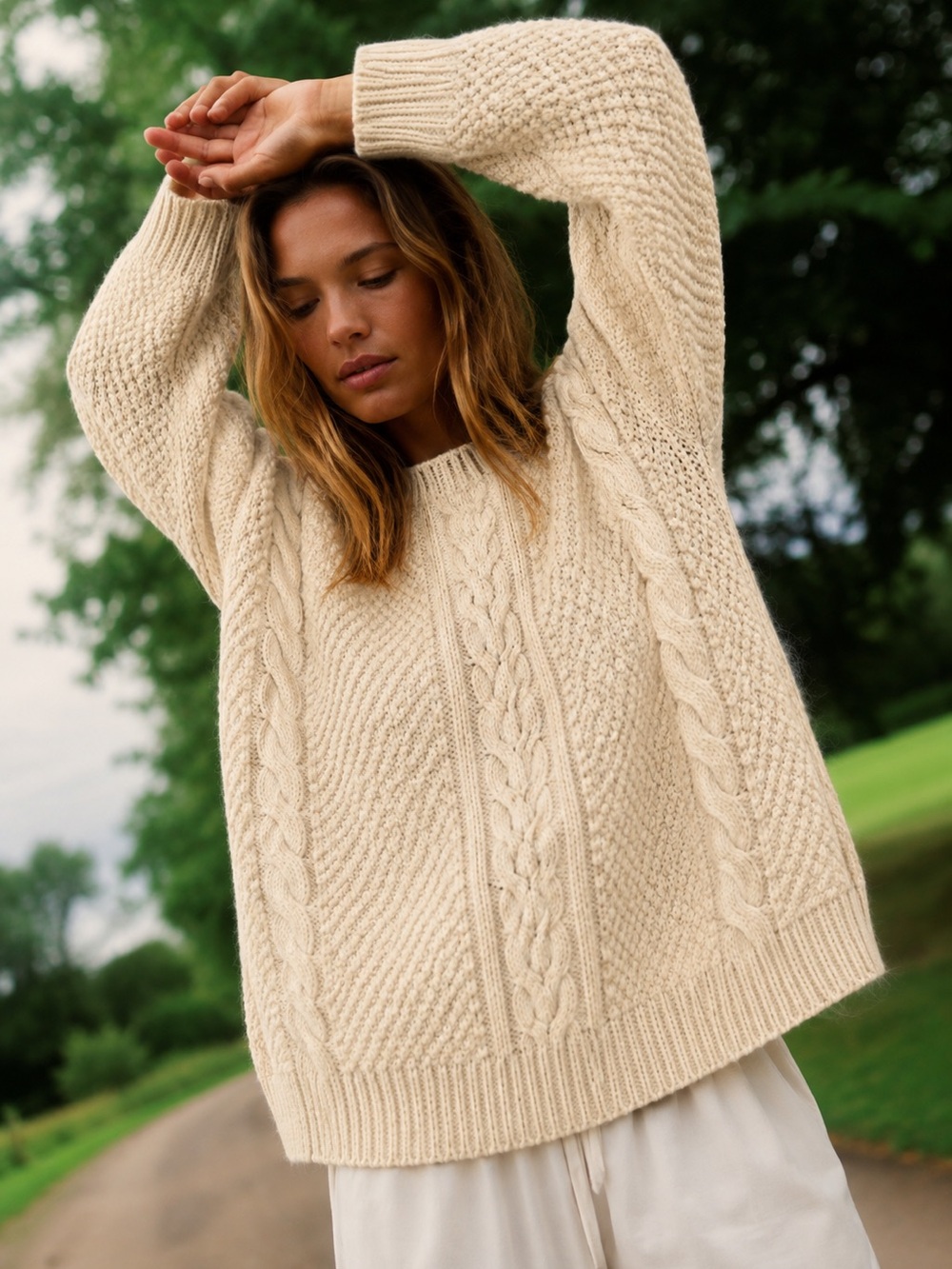 Yeti Cream Cable Knit Scoop Crewneck Sweater - Picture 1 of 5